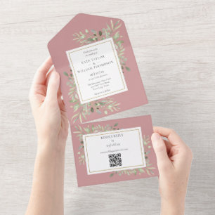 Staubige Rosen Grünzeug Florale QR-Code-Hochzeit All In One Einladung