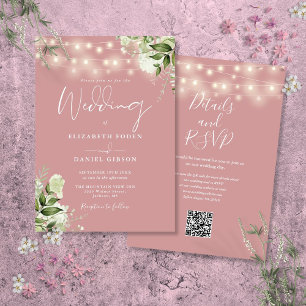 Staubige Rosen-Lichterkette Florale QR-Code-Hochze Einladung