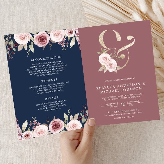 Staubige Rosenblumen-Et-Zeichen QR-Code Navy-Hochz Einladung