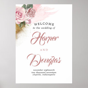 Staubige Rosenblumen-Hochzeits-Willkommensschild Poster