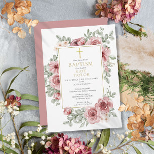 Staubige Rosenblüten Gold Taufe Einladung