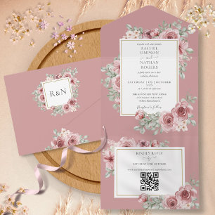 Staubige Rosenblüten Hochzeit QR-Code All In One Einladung
