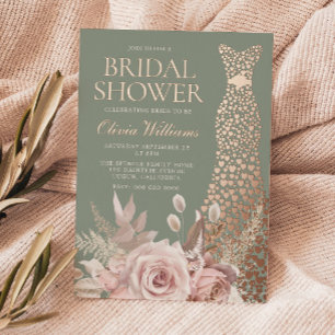Staubige Rosenblüten Rosen Gold Kleid Braut Dusche Folieneinladung