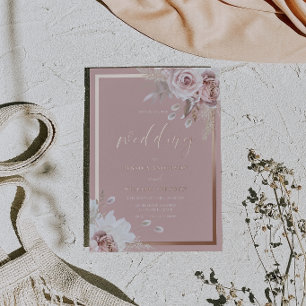 Staubige Rosenhochzeit Roségoldene Umrandung Folieneinladung