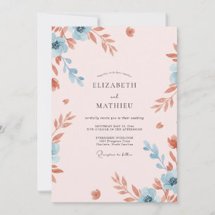 Staubige Terrakotta-Azura-Blatt-Hochzeit Einladung