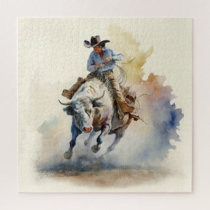 Staubige Western-Wasserfarbe “Rodeo Bull Rider” Puzzle