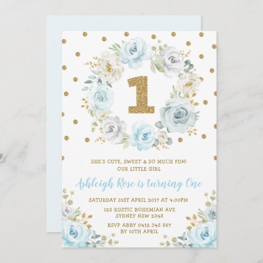 Staubiger blauer Goldblumen1. Geburtstags-wildes Einladung (Vorne/Hinten)