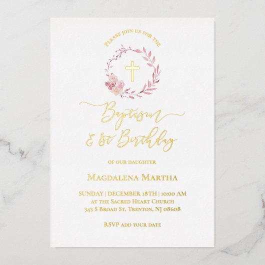 staubiger rosa Kranz | Taufe und 1. Geburtstag Folieneinladung (Vorderseite)