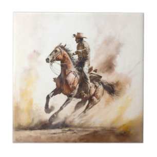 Staubiger Western-Aquarell-Cowboy reitet Mustang Fliese