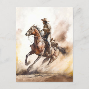 Staubiger Western-Aquarell-Cowboy reitet Mustang Postkarte