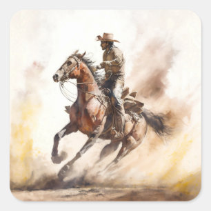 Staubiger Western-Aquarell-Cowboy reitet Mustang Quadratischer Aufkleber
