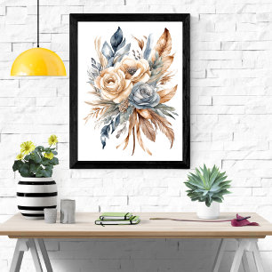 Staubiges Blau Beige Neutrale Farben Floral Boho  Poster