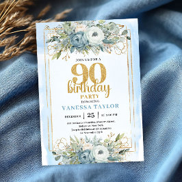 Staubiges Blau Gold Glanz Elegant 90. Geburtstag Einladung