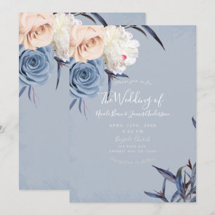 Staubiges Blau Grau & Pfirsich Florale Hochzeit Einladung