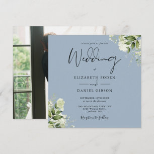 Staubiges Blau Grün Elegante Foto Quadrat Hochzeit Einladung