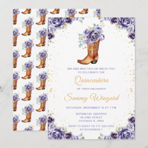 Staubiges Lila Gold Blumen Cowboy Stiefel Quinceañ Einladung