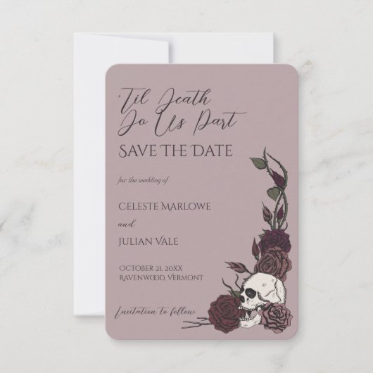Staubiges Lila Schädel und Rose Save the Date (Vorderseite)