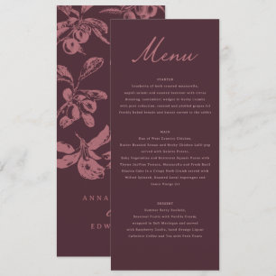 Staubiges Mauve Blumen Hochzeitsdinner Burgund Menükarte