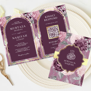 Staubiges Mauve-Lila-Blumen-QR-Code-Muslim-Hochzei Einladung