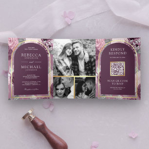 Staubiges Mauve Lila Florales Bogen QR Code Hochze Dreifach Gefaltete Einladung