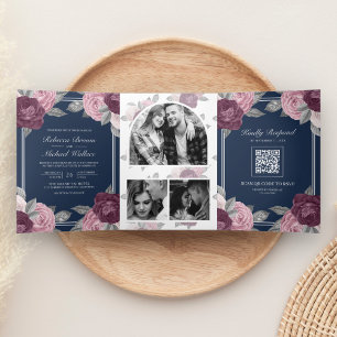 Staubiges Mauve Lila Rosa Rosen QR Code Marineblau Dreifach Gefaltete Einladung
