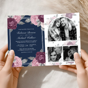 Staubiges Mauve Lila Rosa Rosen QR Code Marineblau Einladung