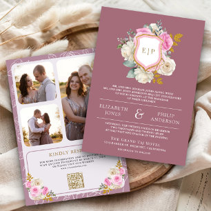 Staubiges Mauve-Pink-Blumen-QR-Code-Wappen-Hochzei Einladung