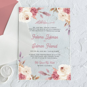 Staubiges Mauve-Rosa-Blumen-Islam-Muslim-Hochzeit Acryleinladungen