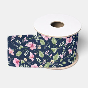 Staubiges Navy Blau Rosa Hibiskusblüten Hochzeitsd Ripsband