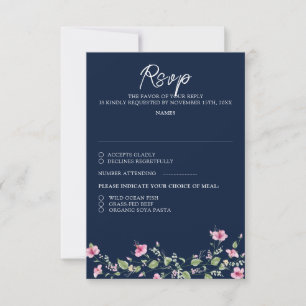 Staubiges Navy Blau Rosa Hibiskusblüten Hochzeitsd RSVP Karte