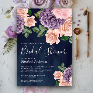 Staubiges Pfirsich Lila Blumen Navy Blau Brautpart Einladung