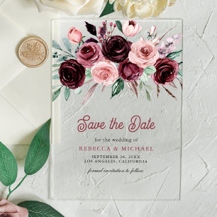 Staubiges Rosa Burgunder Blumen Hochzeit Termin me Acryleinladungen