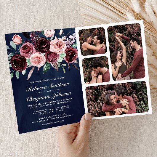 Staubiges Rosa Burgunder Blumen QR Code Marine Hoc Einladung