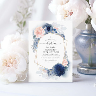 Staubiges Rosa Navy Blau Blumen Elegante Taufe Einladung