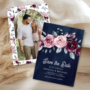 Staubiges Rosa Pflaume Lila Blumen Navy Hochzeitsf Save The Date