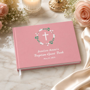 Staubiges Rosa Weiße Kreuz Blumenwappen Taufe Gästebuch