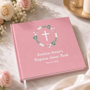 Staubiges Rosa Weiße Kreuz Blumenwappen Taufe Gästebuch