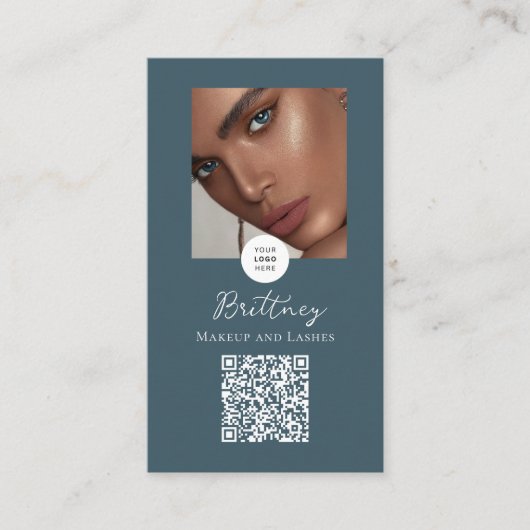 Staubiges Teal Lux Script Logo QR Code Foto Make-u Visitenkarte (Vorderseite)
