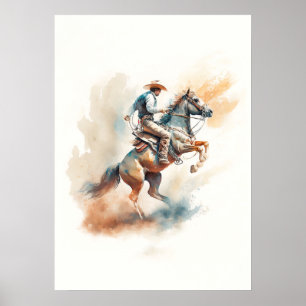 Staubiges Western-Aquarell „Bucking Bronco“ Poster