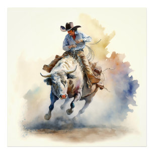 Staubiges Western-Wasserfarbenbild „Rodeo-Stierrei Fotodruck