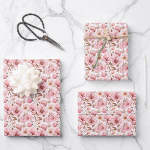 Staubrosa Blumen auf Weiß Geschenkpapier Set
