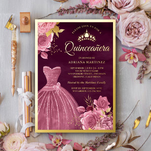 Staubrosa Blumenkleid Pflaume Quinceanera Gold Folieneinladung