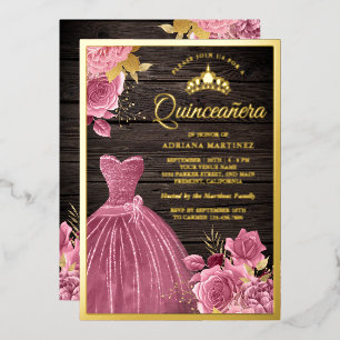 Staubrosa Blumenkleid Scheunenholz Quinceanera Gol Folieneinladung
