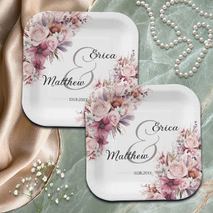 Staubrosa Boho-Blumen Moderne Schrift Hochzeit Pappteller
