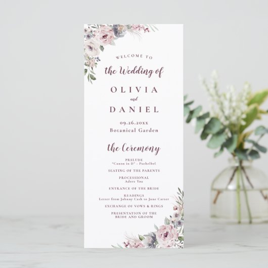 Staubrosa Boho-Blumen-Rustical-Hochzeitsprogramm Menükarte (Stehend Vorderseite)
