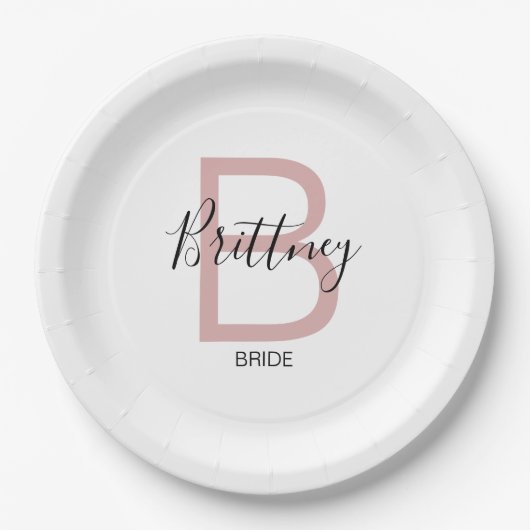 Staubrosa Braut-Monogramm Pappteller (Vorderseite)