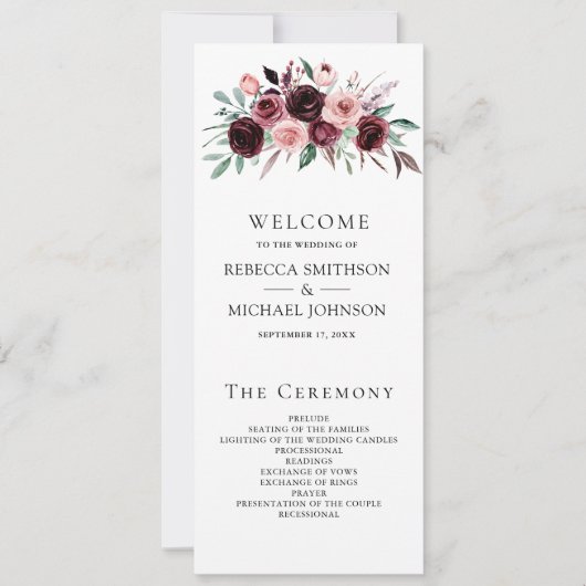 Staubrosa Burgunder Blumen Hochzeitsprogramm (Vorderseite)