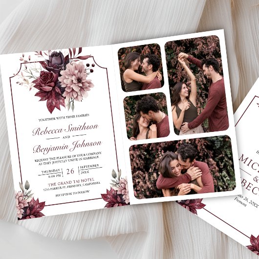 Staubrosa Burgunder Blumenrahmen QR-Code Hochzeit Einladung