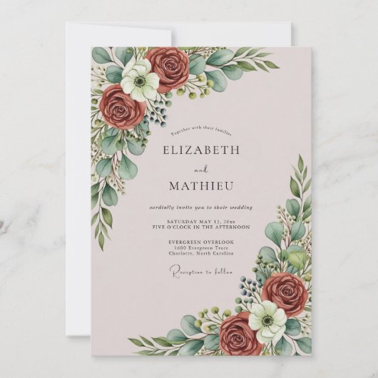 Staubrosa elegante botanische Hochzeit Einladung (Vorderseite)