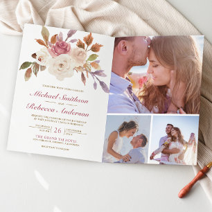 Staubrosa Elfenbein Blumen Foto QR Code Hochzeit Einladung